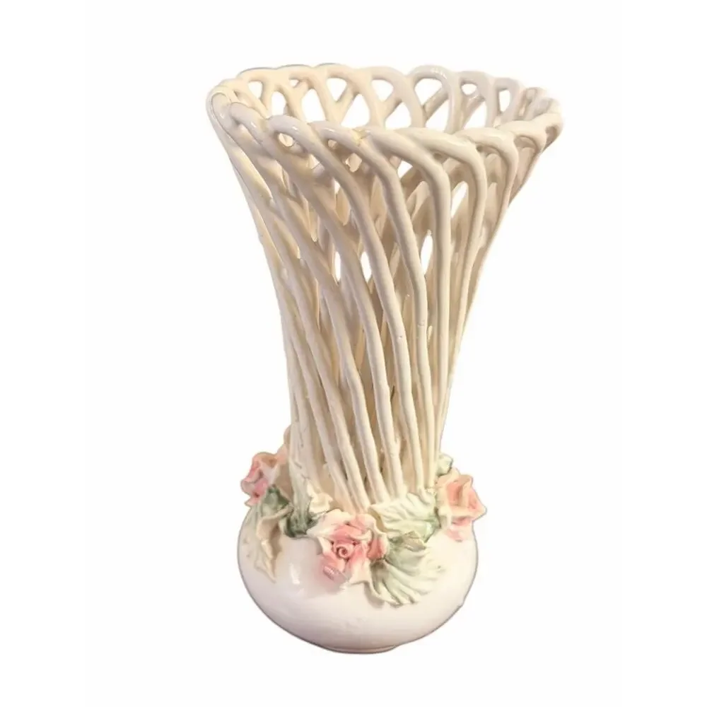 VINTAGE Porcelain Basket Weave Vase Flowers White 3568/67